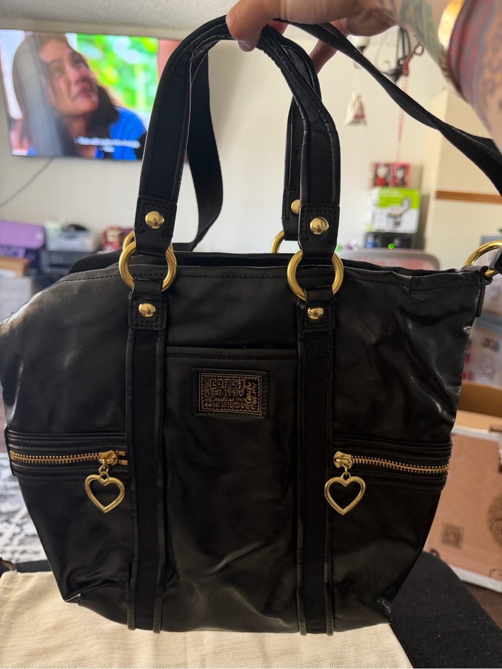 Coach Black Tote with Gold Heart Charms